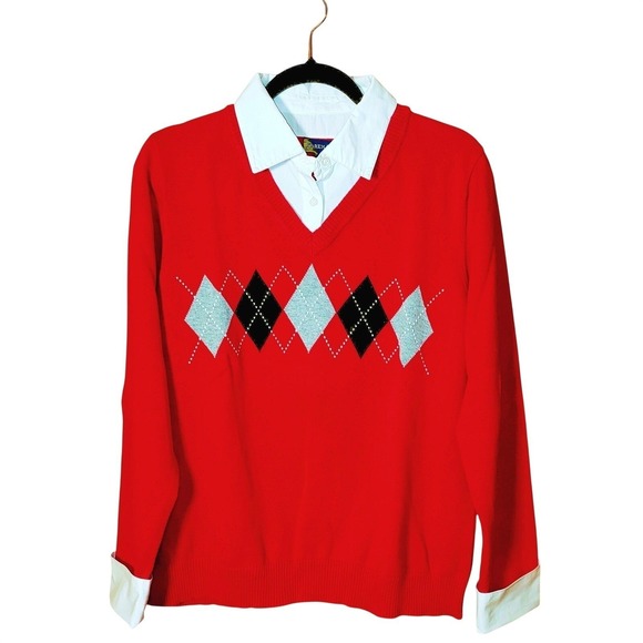 Karen Scott Sweaters - Y2K Cotton Argyle Sweater Red Black French Cuff & Collar Layered Style - Large